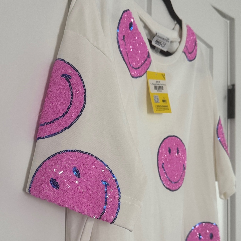 White T-Shirt Dress with Pink Smiley Faces - Picture 5 of 6